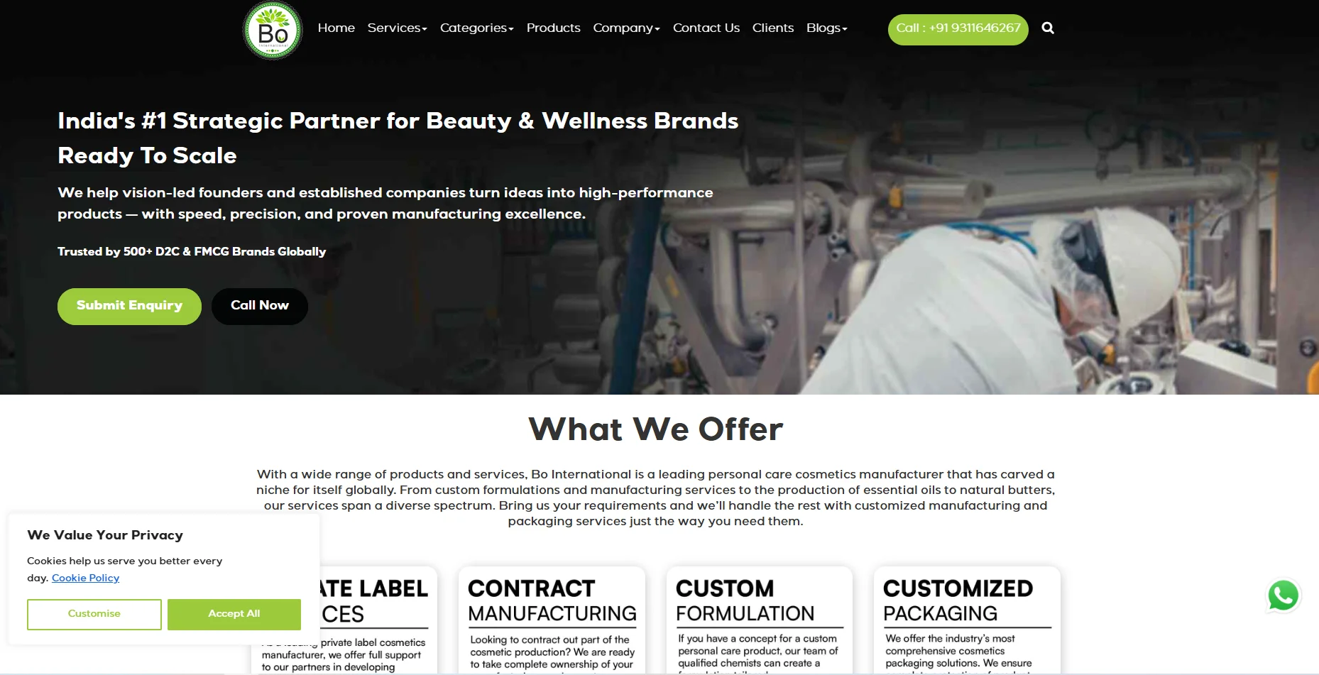 Homepage of Bo International showcasing cosmetic manufacturing services with industrial setup and service offerings.